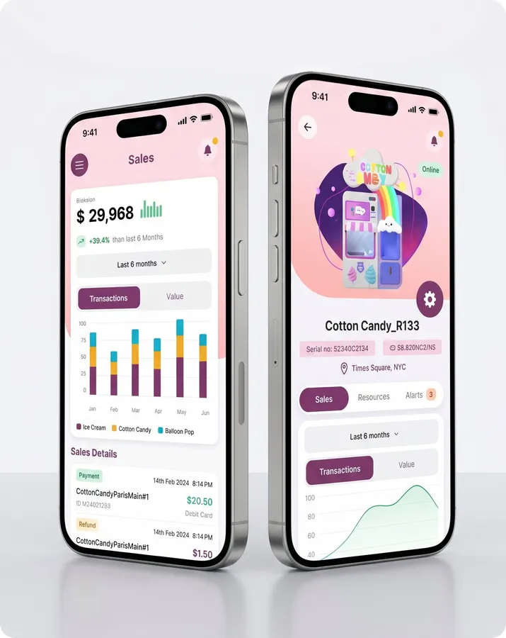 Slimme beheer-app van Sweet Robo met live verkoopcijfers en machinebediening