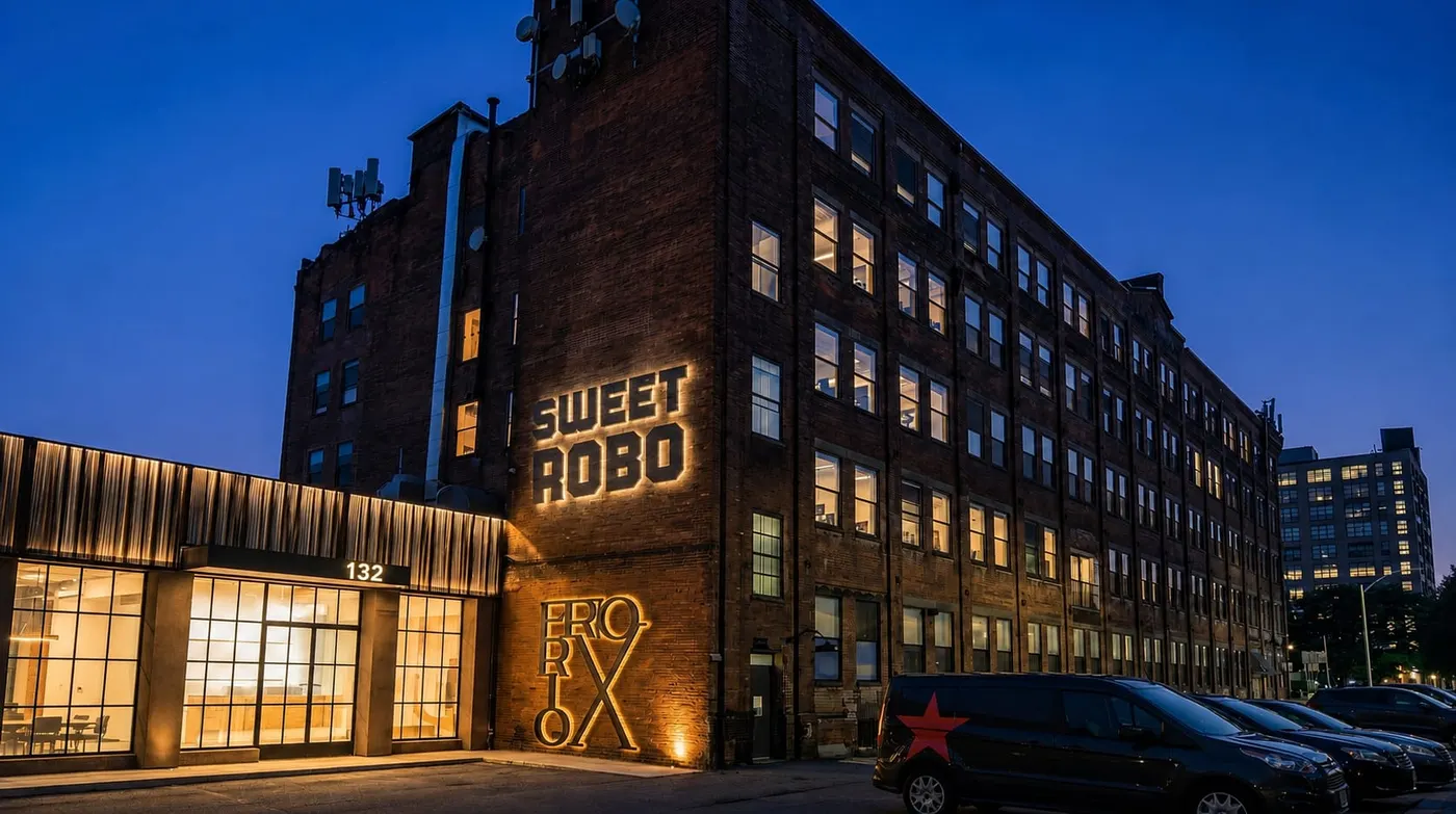 Het hoofdkantoor van Sweet Robo met het verlichte Sweet Robo-bord